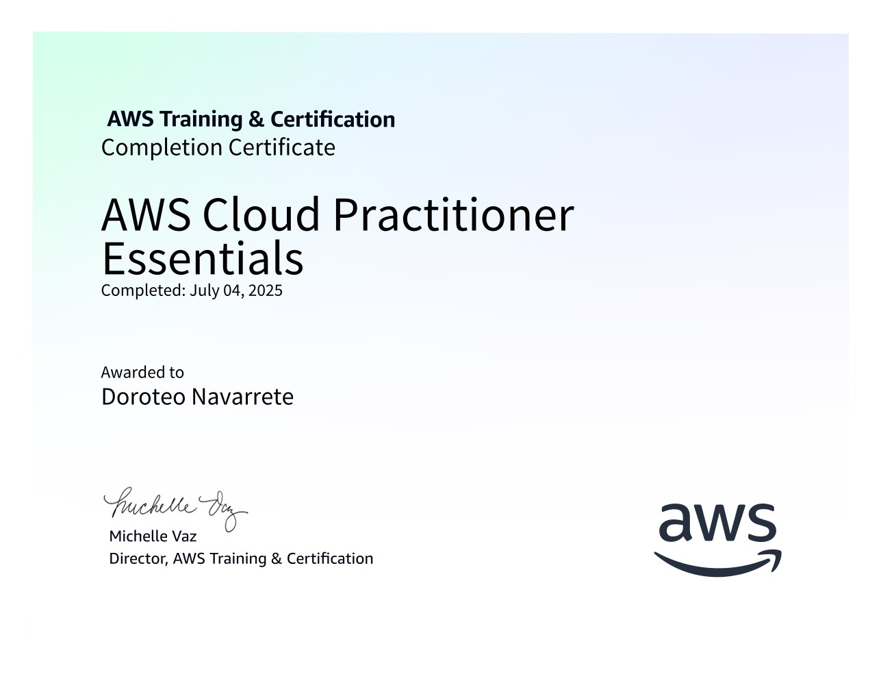 AWS Cloud Practitioner Essentials certificate